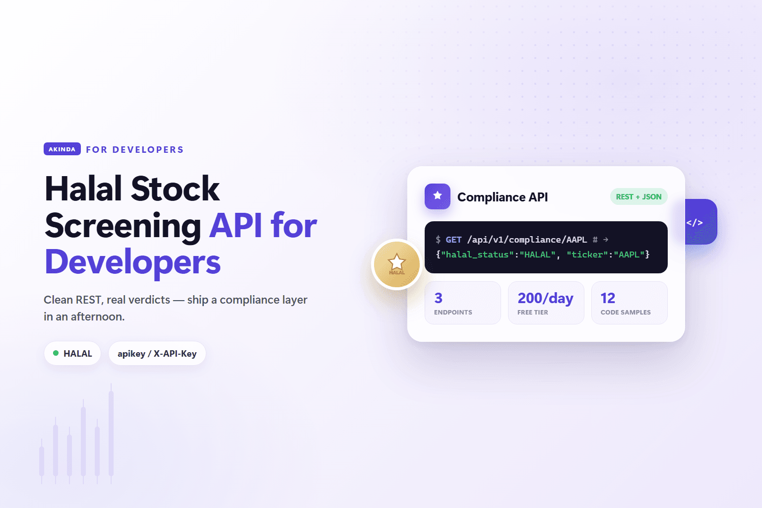 Developer-overview cover: bold title "Halal Stock Screening API for Developers" over a dark card, with four correct stat tiles — "3 REST endpoints", "200 free calls/day", "AAOIFI Standard No. 21", "5 read-only MCP tools" — and a small monospace GET /compliance/AAPL chip.