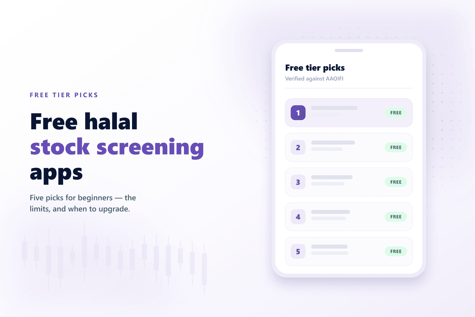 A phone showing five free halal stock screening apps, each marked with a free tier badge.