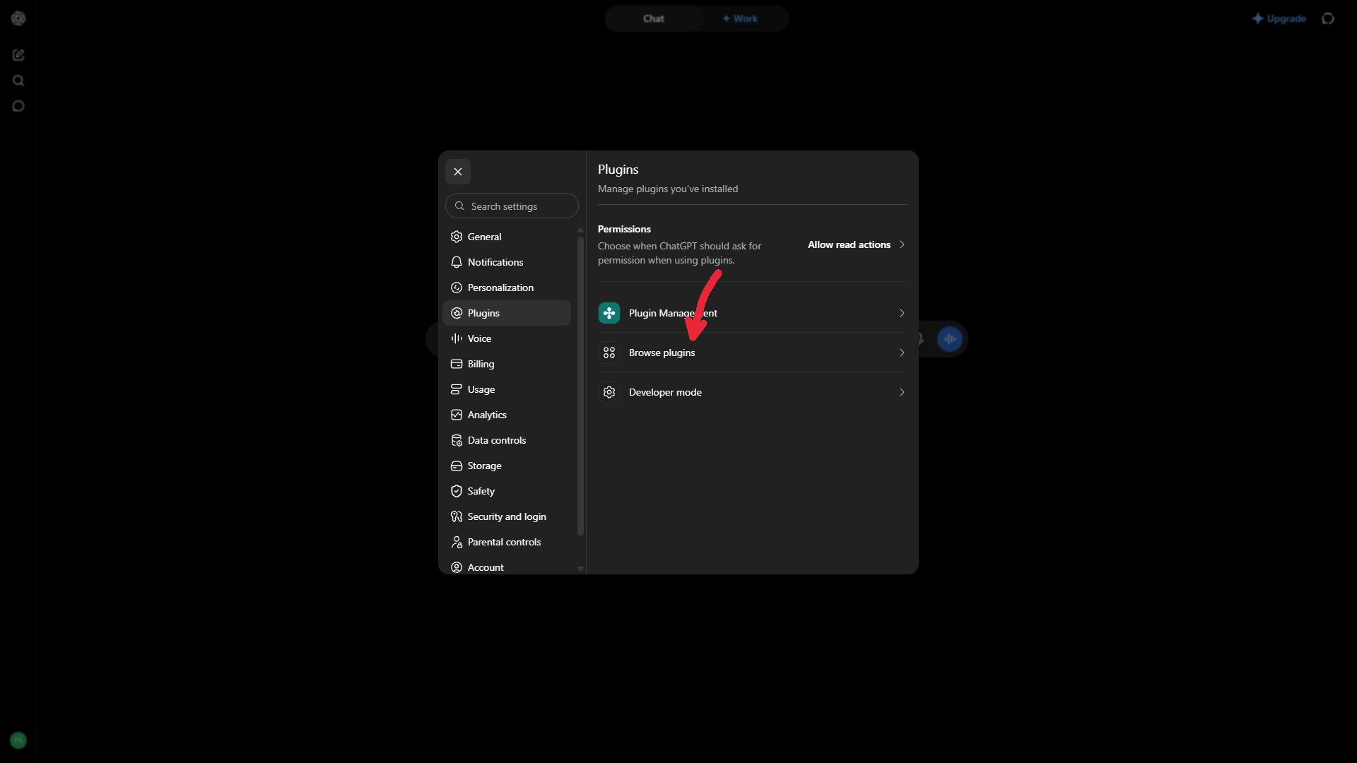 The Plugins section of ChatGPT settings with Browse plugins highlighted