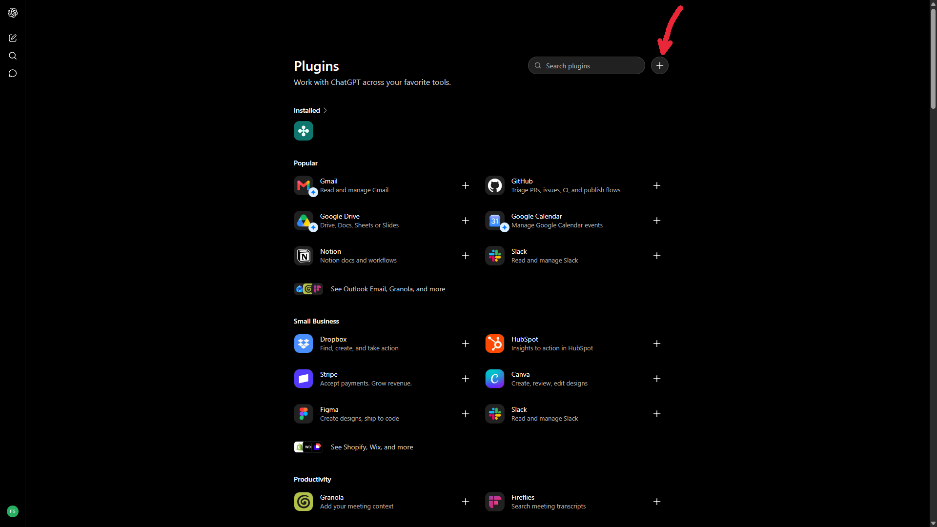 The ChatGPT Plugins page with the add button at the top right highlighted