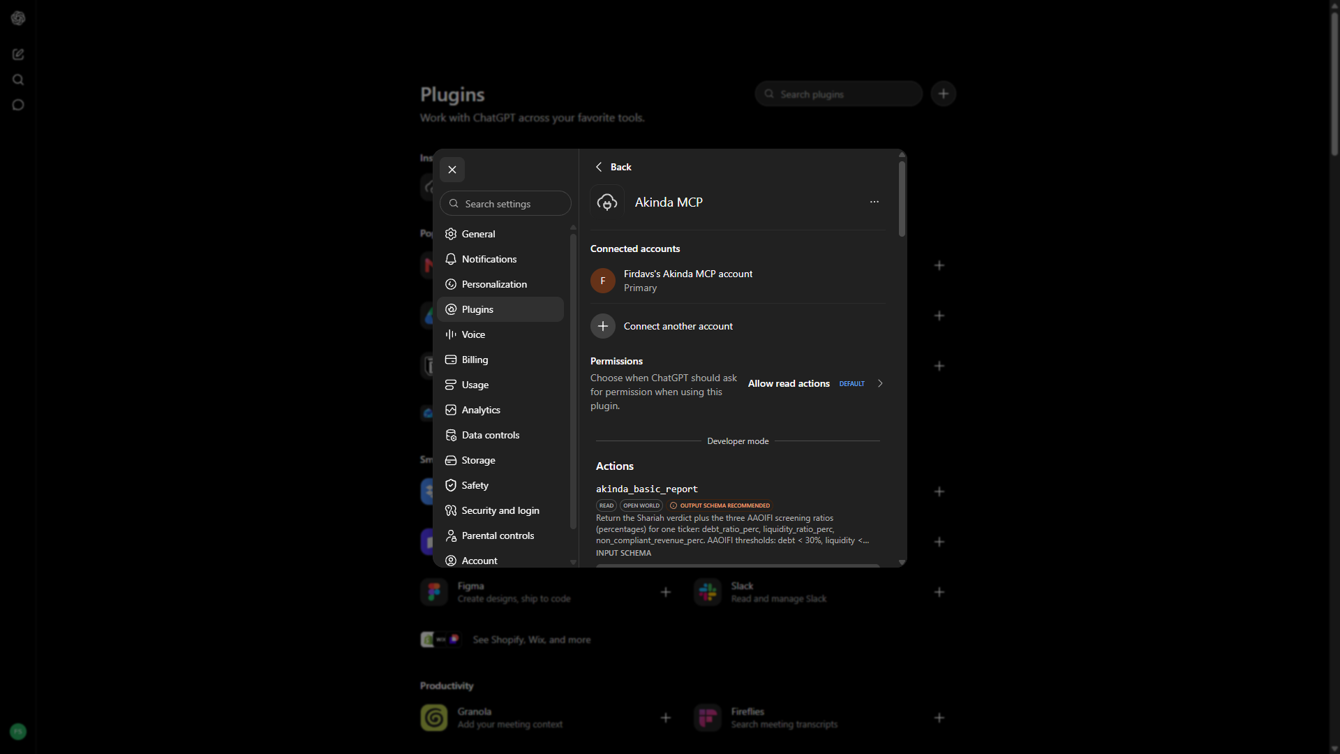 The connected Akinda MCP plugin in ChatGPT showing the account and its available actions