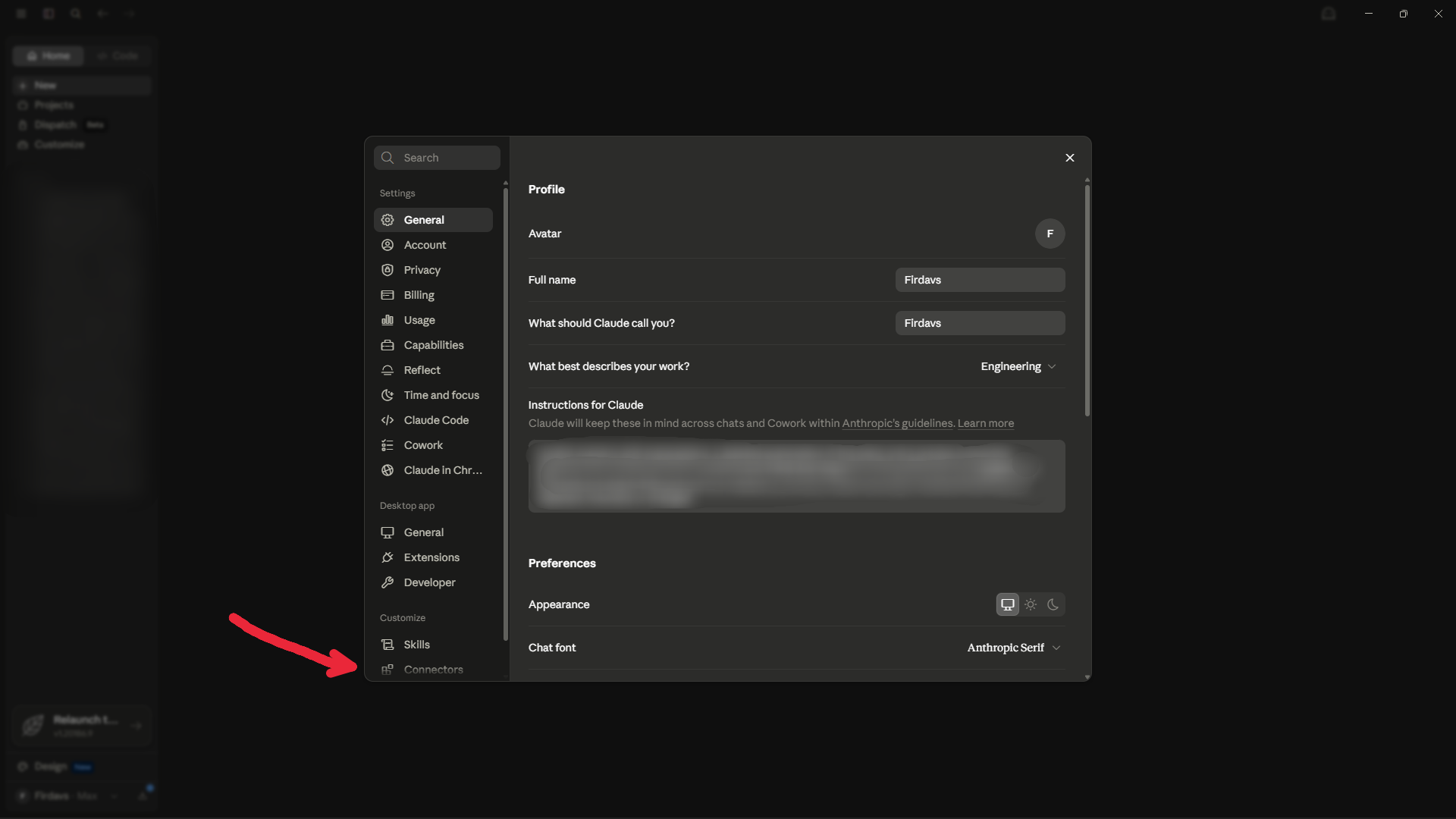 Claude Settings with Connectors highlighted in the left menu