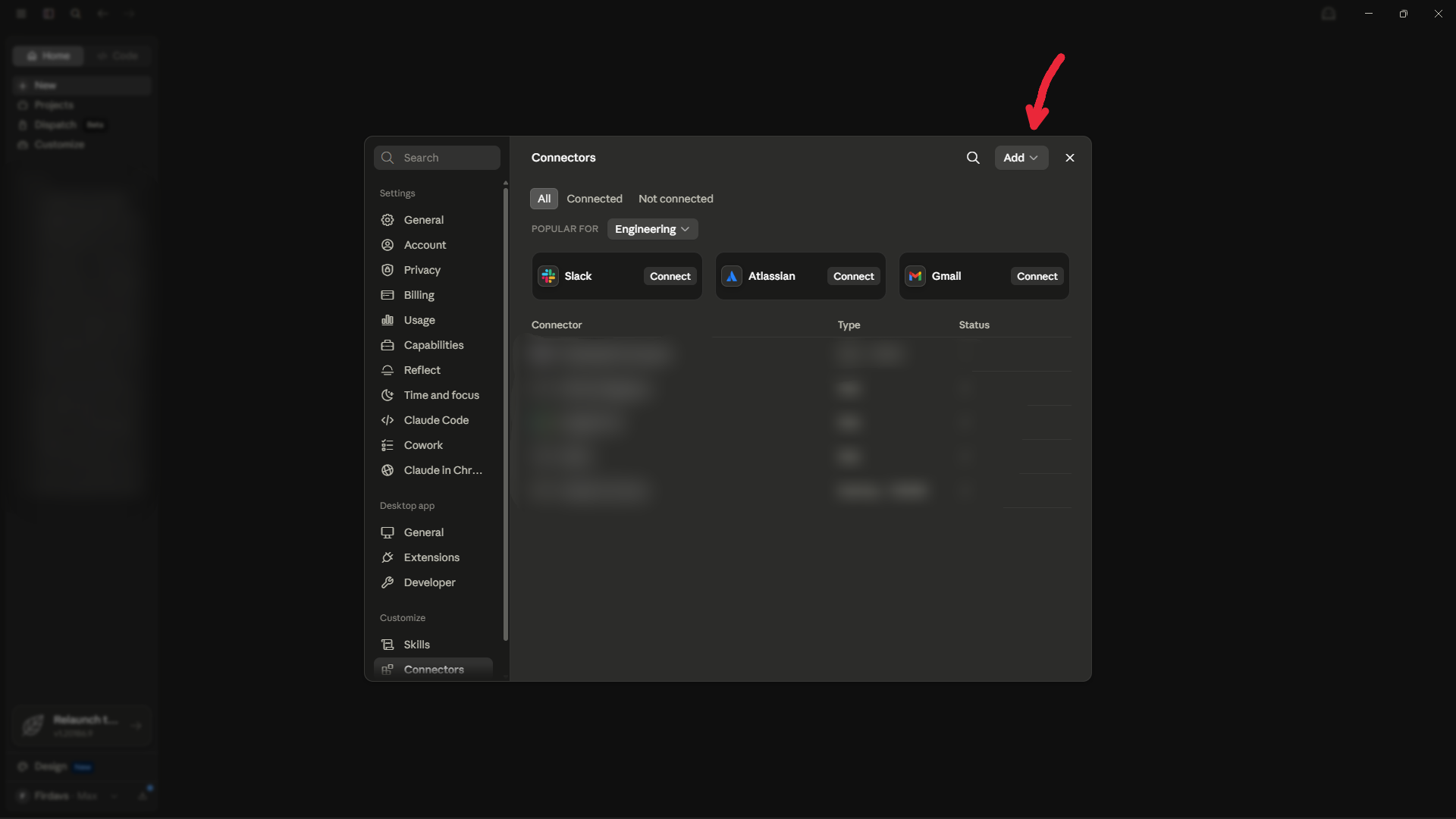 Claude Connectors panel with the Add button highlighted