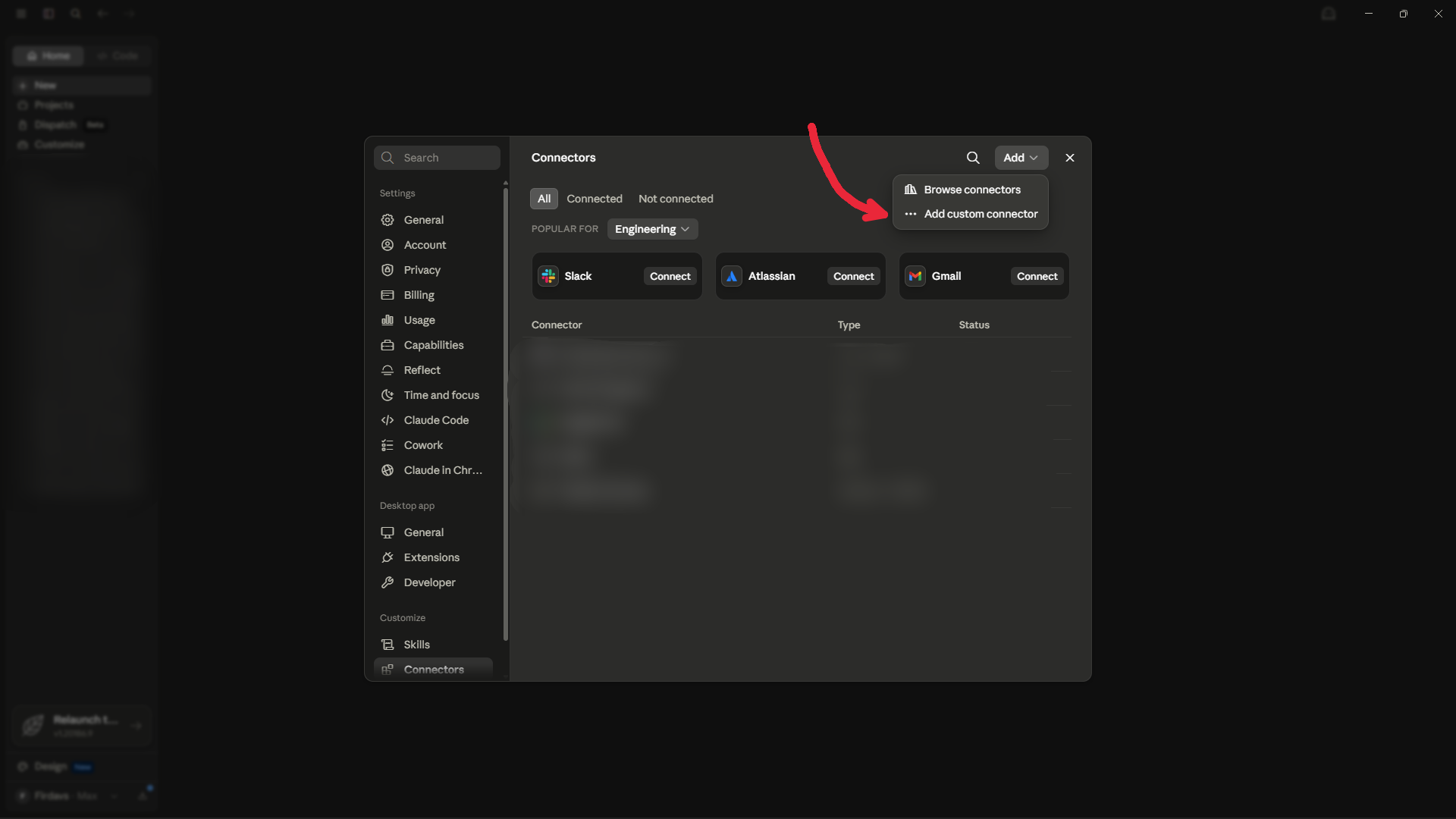 Add dropdown open with Add custom connector highlighted