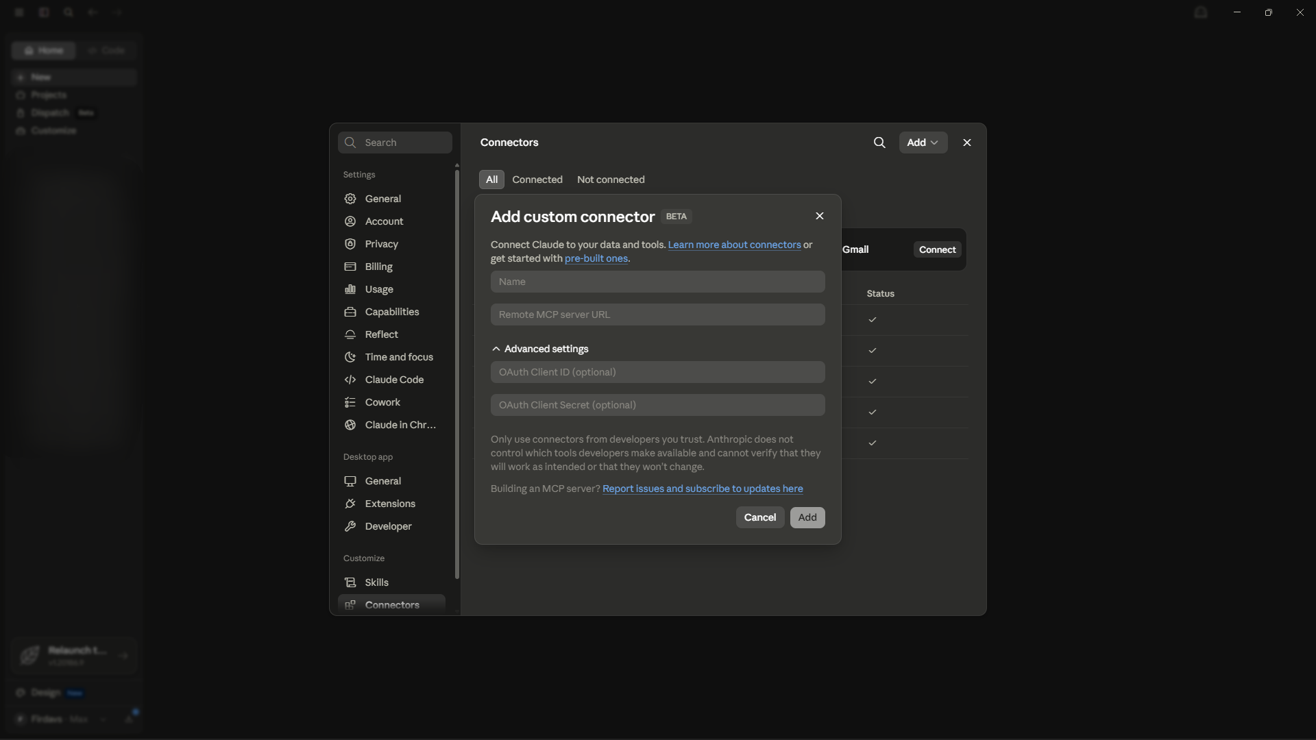 Add custom connector dialog with Name and Remote MCP server URL fields