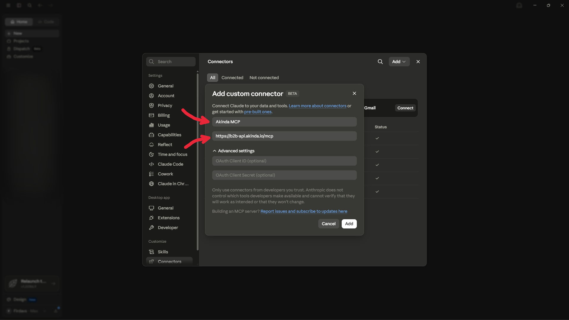 Add custom connector dialog filled with Akinda MCP and the server URL