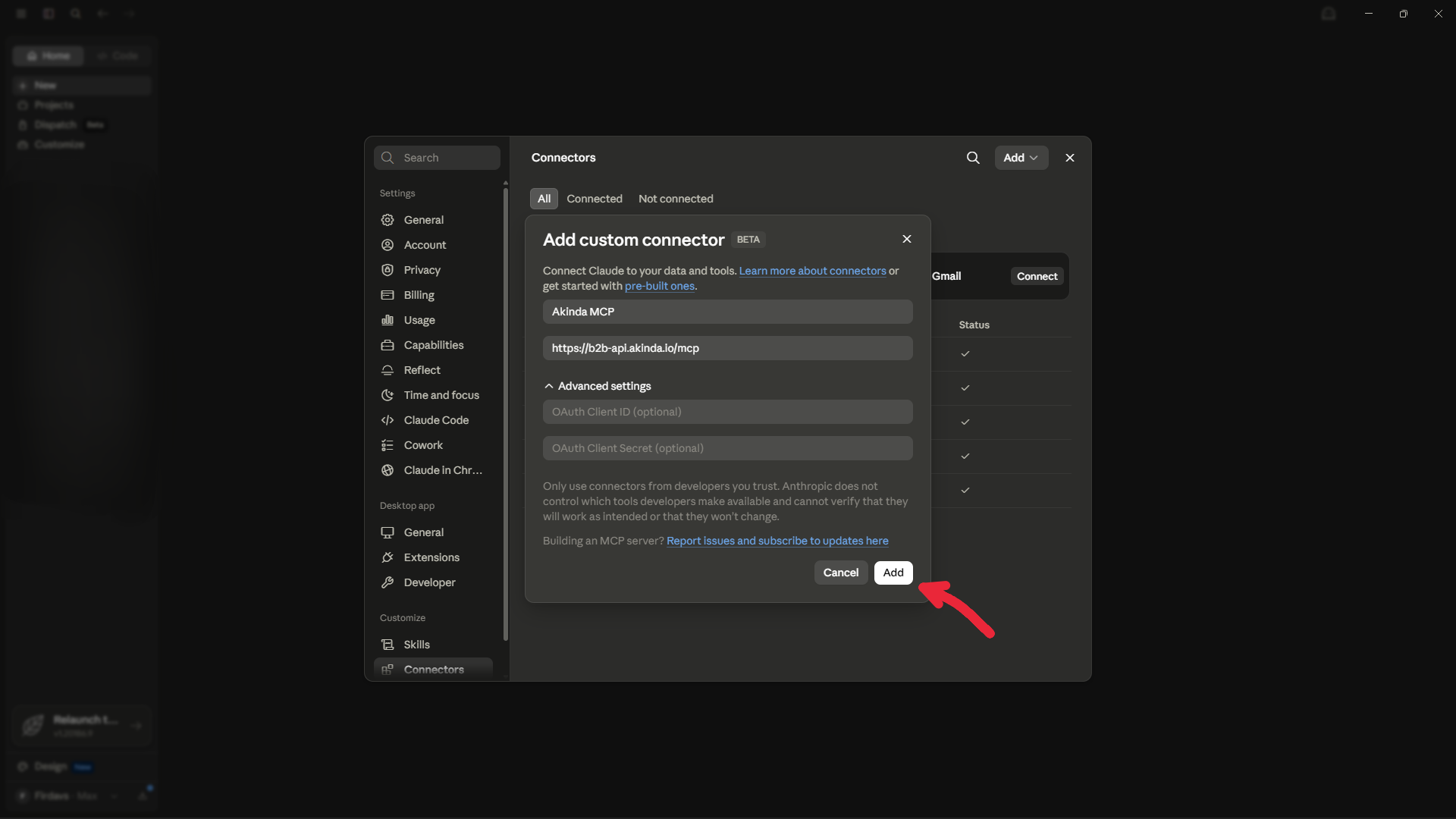 Add custom connector dialog with the Add button highlighted